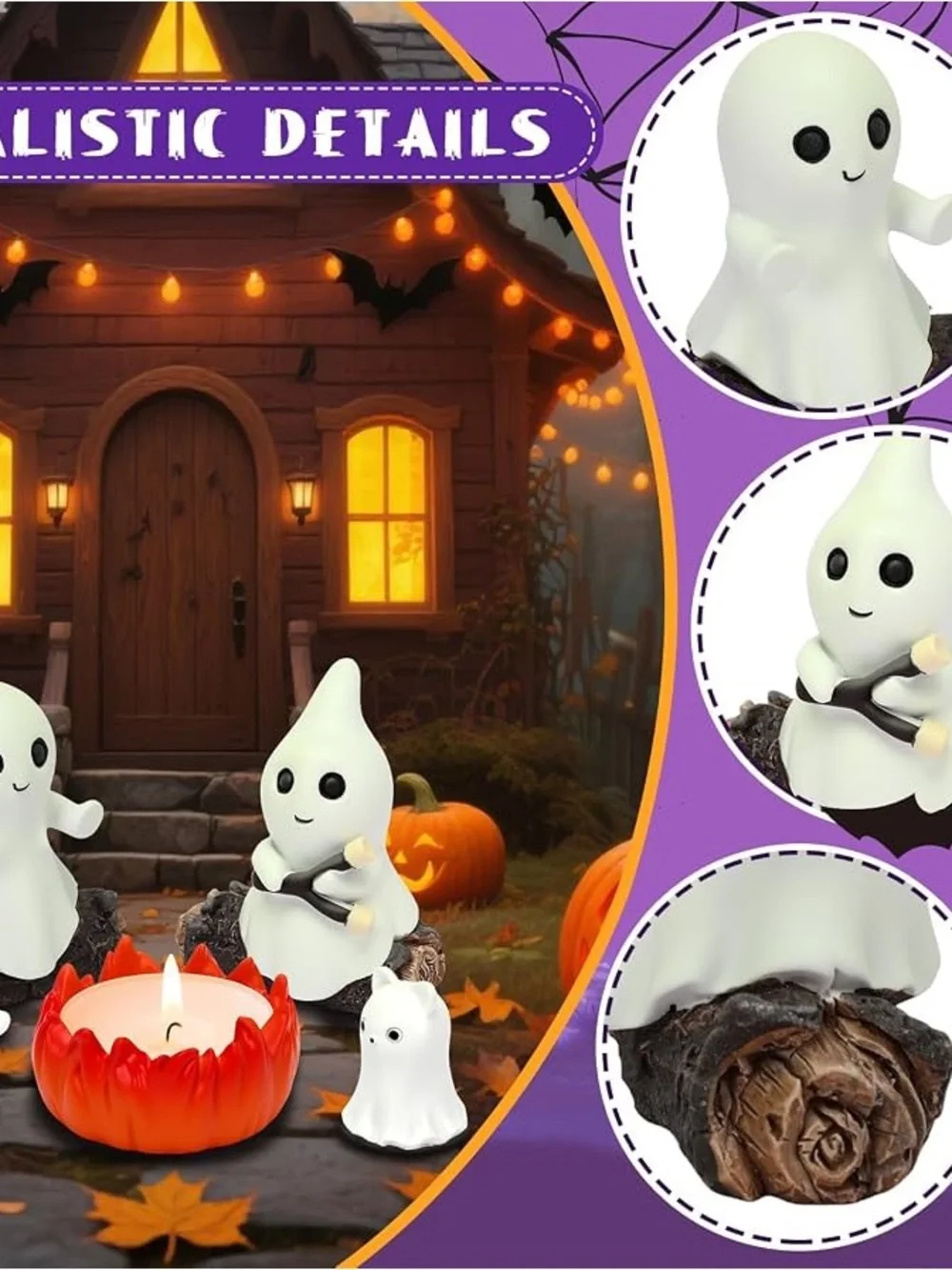 Cute Halloween Ghost Tea Light Holder Set - White Ghosts with Orange Candle